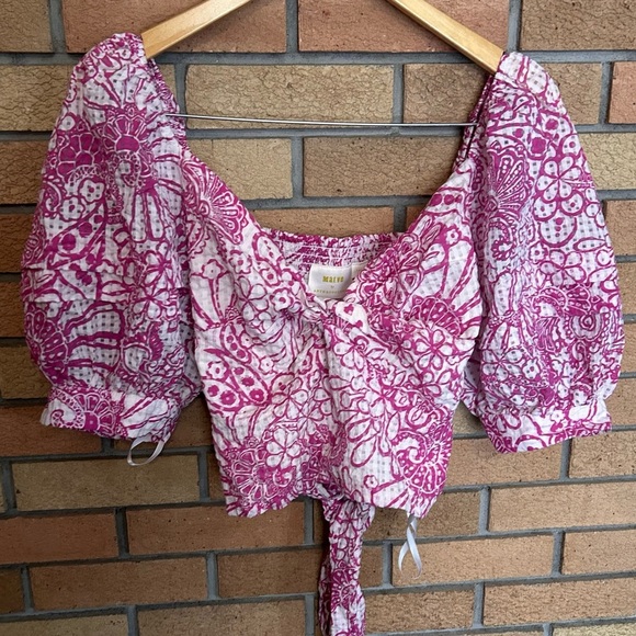 Maeve Anthropologie Tie-Back Printed Crop Top Floral Puff Sleeve Smocked Size L - Picture 3 of 6